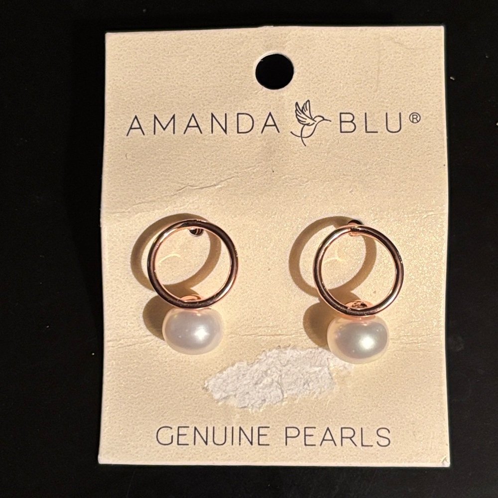NEW Amanda Blu Rosegold Flat Loop Pearl Drop Earrings